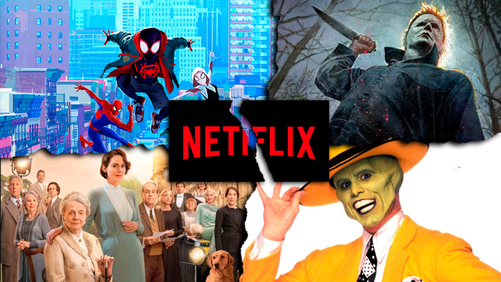 Confira todos os filmes e séries que sairão da Netflix nos próximos 30 dias Montagem com O Maskara, Downton Abbey, Halloween Kills e Homem-Aranha no Aranhaverso