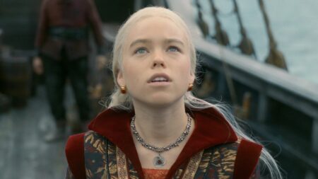 Rhaenyra Targaryen (Milly Alcock) em A Casa do Dragão