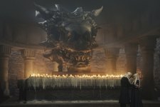 Rei Viserys I Targaryen (Paddy Considine) e Princesa Rhaenyra (Milly Alcock) em frente ao crânio de Balerion em A Casa do Dragão (Reprodução / HBO)