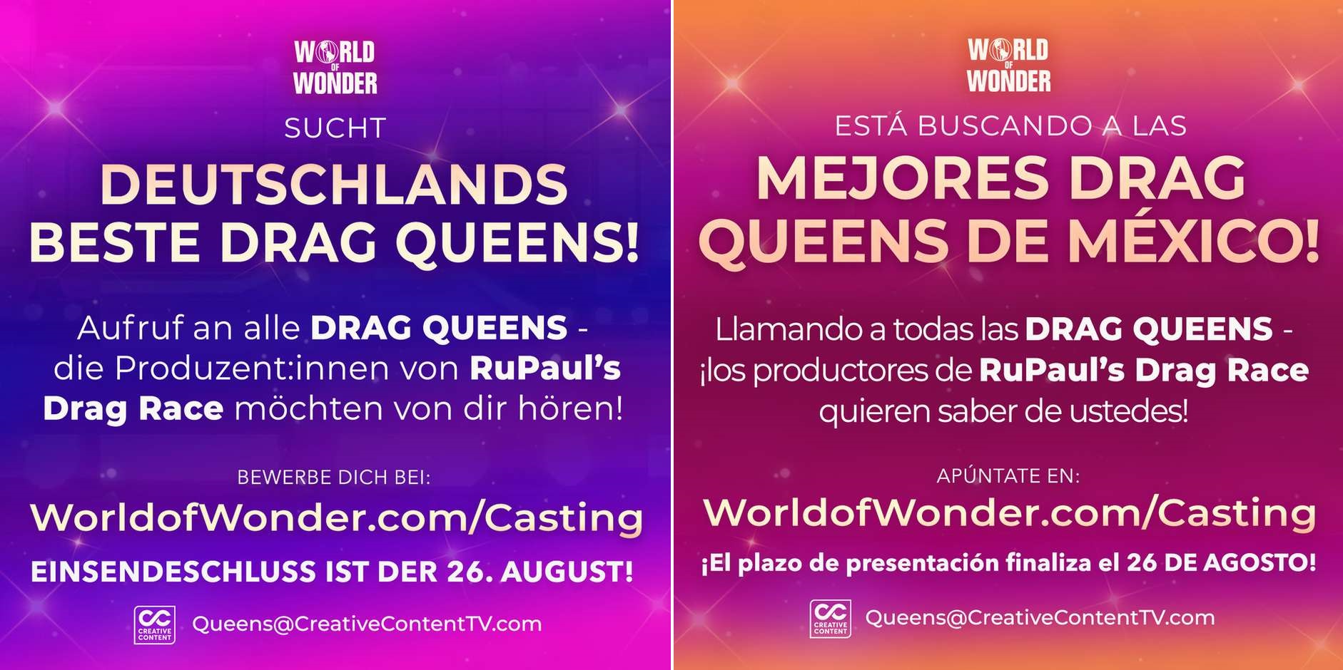 RuPaul's Drag Race é renovada para 15ª temporada 4 Anúncio convocando drag queens da Alemanha e México (Montagem/Reprodução/World of Wonder)