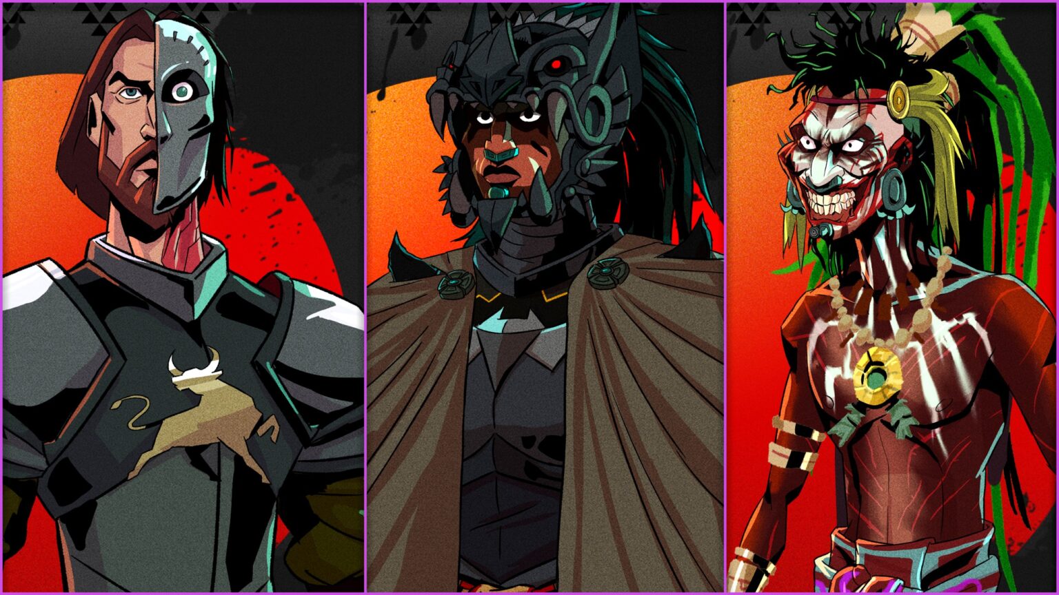 Hernán Cortés (Álvaro Morte), Yohualli Coatl (Horacio García Rojas) e Yoka (Omar Chaparro) em Batman Azteca: Choque De Impérios