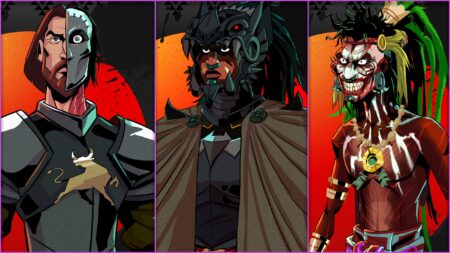 Hernán Cortés (Álvaro Morte), Yohualli Coatl (Horacio García Rojas) e Yoka (Omar Chaparro) em Batman Azteca: Choque De Impérios