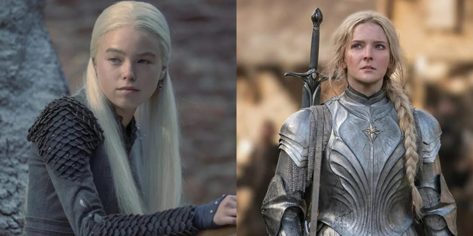 Existe rivalidade entre A Casa do Dragão e O Senhor dos Anéis? Rhaenyra (Milly Alcock) em A Casa do Dragão e Galadriel (Morfydd Clark) em Os Anéis de Poder) (Reprodução)