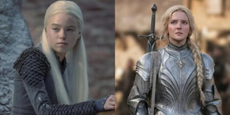 Rhaenyra (Milly Alcock) em A Casa do Dragão e Galadriel (Morfydd Clark) em Os Anéis de Poder) (Reprodução)