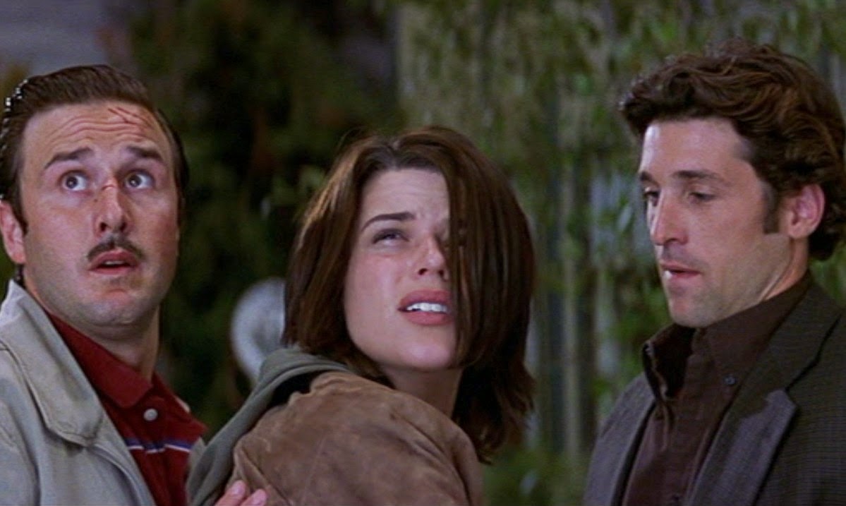 David Arquette is Dewey, Neve Campbell is Sidney Prescott and Patrick Dempsey is Mark Kincaid in Scream 3 (Reproduction)