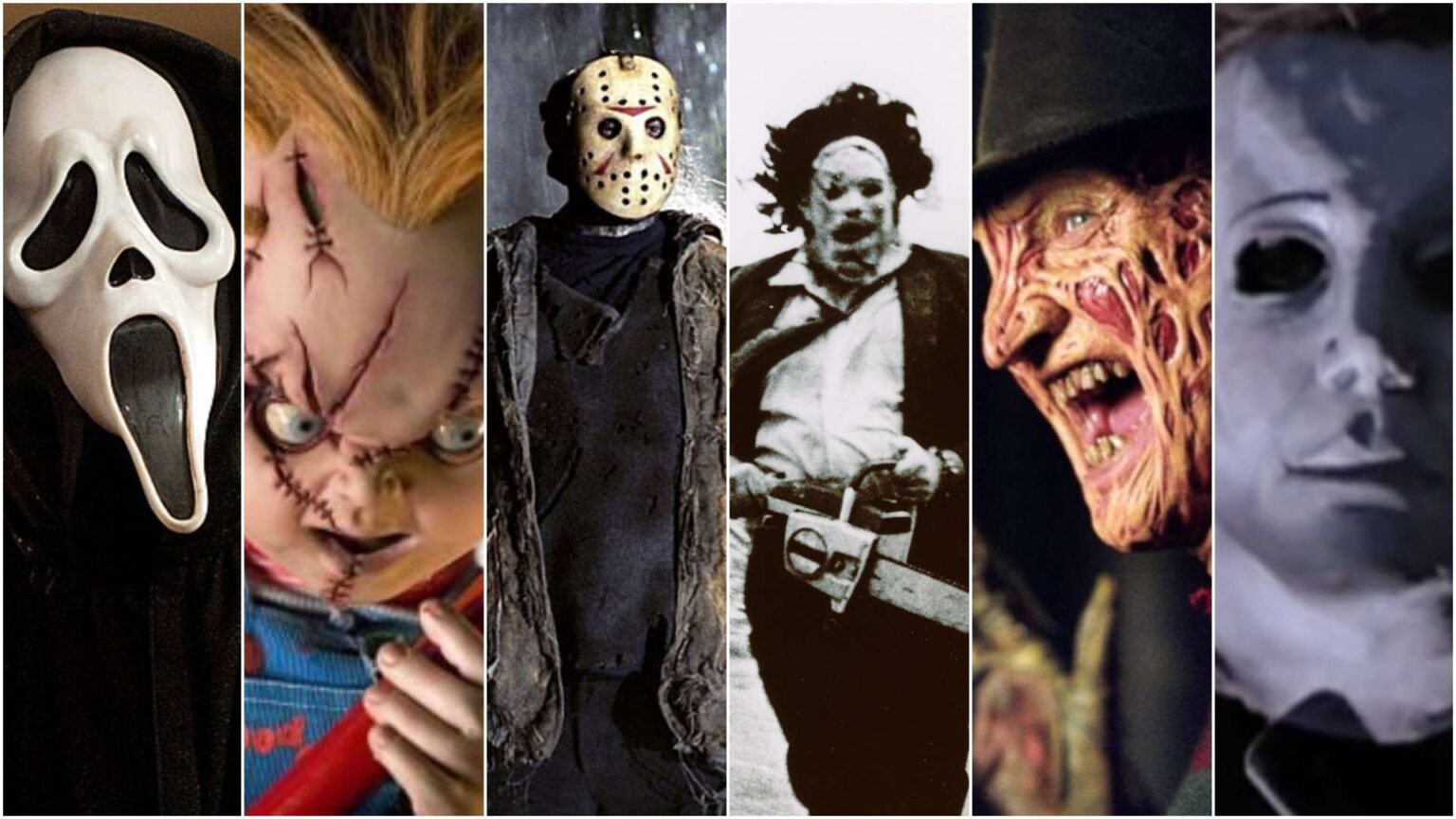 Qual vilão de slasher tem o maior número de vítimas? Ghostface, CHucky, Jason, Leatherface, Freddy Krueger e Michael Myers (Montagem/Reprodução)