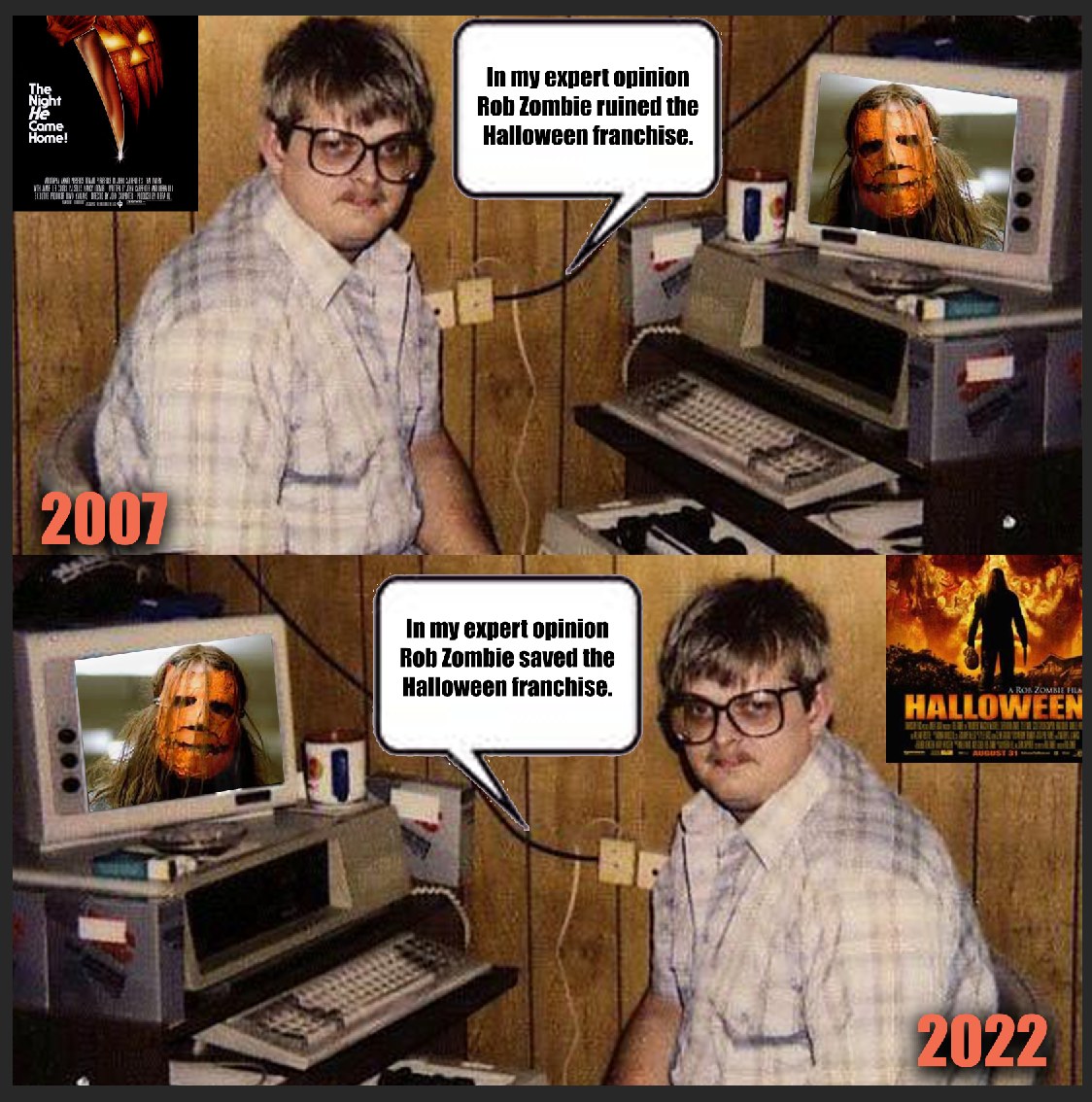 Halloween: Rob Zombie admite que nunca assistiu atual trilogia 2 Rob Zombie compartilhou meme enviado a ele sobre a franquia Halloween