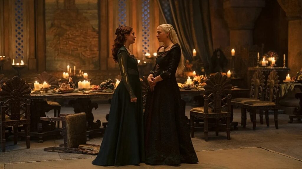 A Casa do Dragão: Rhaenyra e Alicent realmente se perdoaram? Olivia Cooke como Alicent e Emma D'Arcy como Rhaenyra em A Casa do Dragão (Reprodução / HBO)