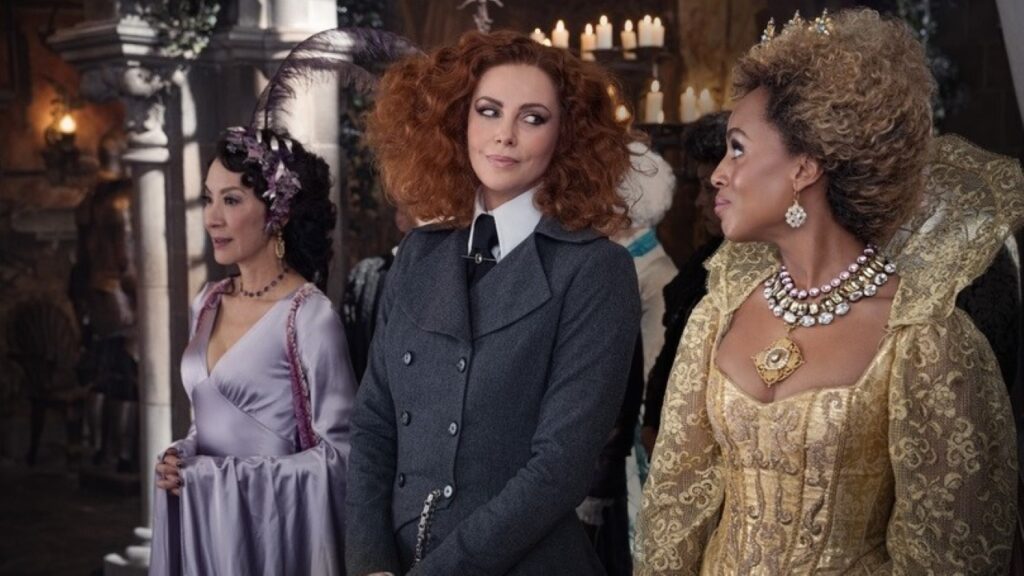 Charlize Theron, Michelle Yeoh e Kerry Washington em A Escola do Bem e do Mal (Reprodução / Netflix)