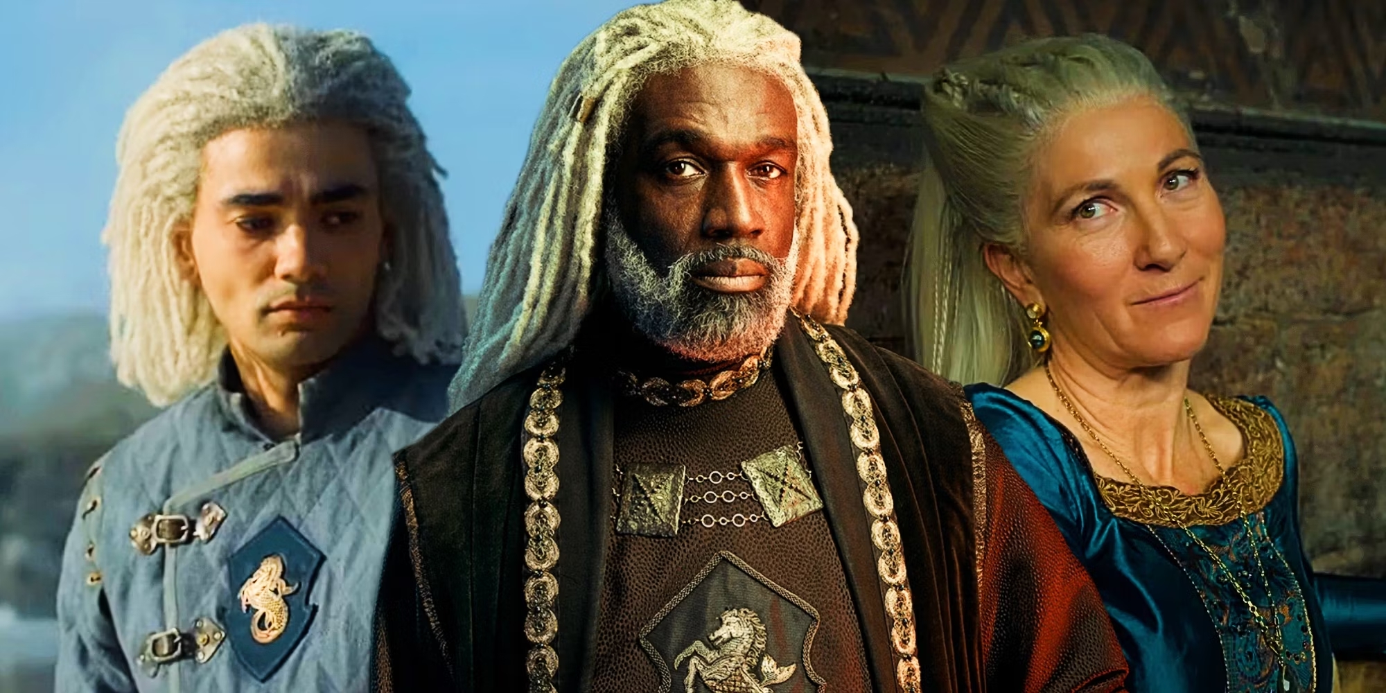 Montagem com Corlys, Laenor e Rhaenys em A casa do Dragão 