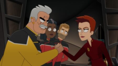 Fred Tatasciore como Lieutenant Shaxs, Dawnn Lewis como Capitã Carol Freeman, Jerry O’Connell como Comandante Ransom e Nana Visitor como Coronel Kira Nerys em Star Trek: Lower Decks (Reprodução)