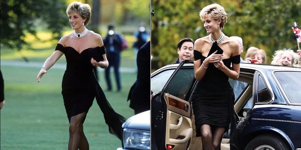 O que foi o Vestido da Vingança de Lady Di retratado em The Crown? 1 Lady Di com o Vestido da Vingança e Elizabeth Debicki como Lady Di em The Crown (Montagem Reprodução)