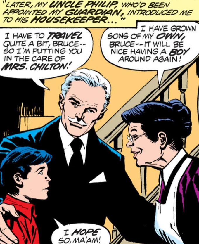 Tio Philip, Bruce Wayne e Mrs. Chilton nos quadrinhos (Reprodução)