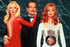 Meryl Streep como Madeline Ashton, Bruce Willis como Ernest Menville e Goldie Hawn como Helen Sharp em A Morte Lhe Cai Bem (Divulgação)
