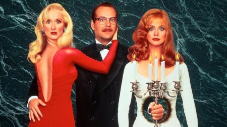Meryl Streep como Madeline Ashton, Bruce Willis como Ernest Menville e Goldie Hawn como Helen Sharp em A Morte Lhe Cai Bem (Divulgação)