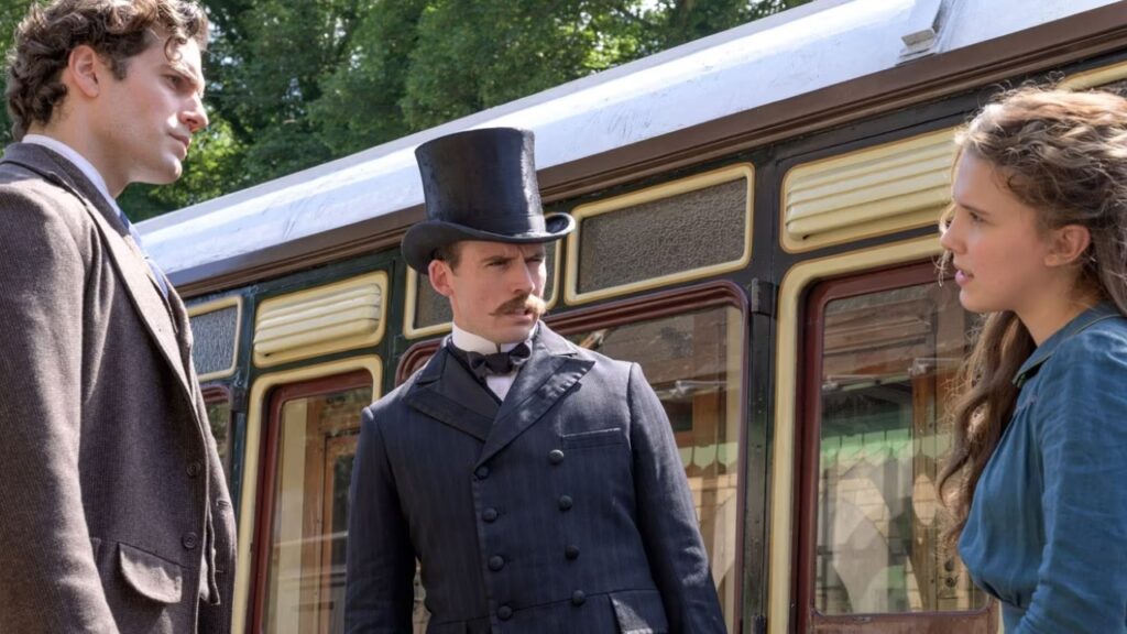 Henry Cavill, Sam Claflin e Millie Bobby Brown em Enola Holmes (Reprodução / Netflix)