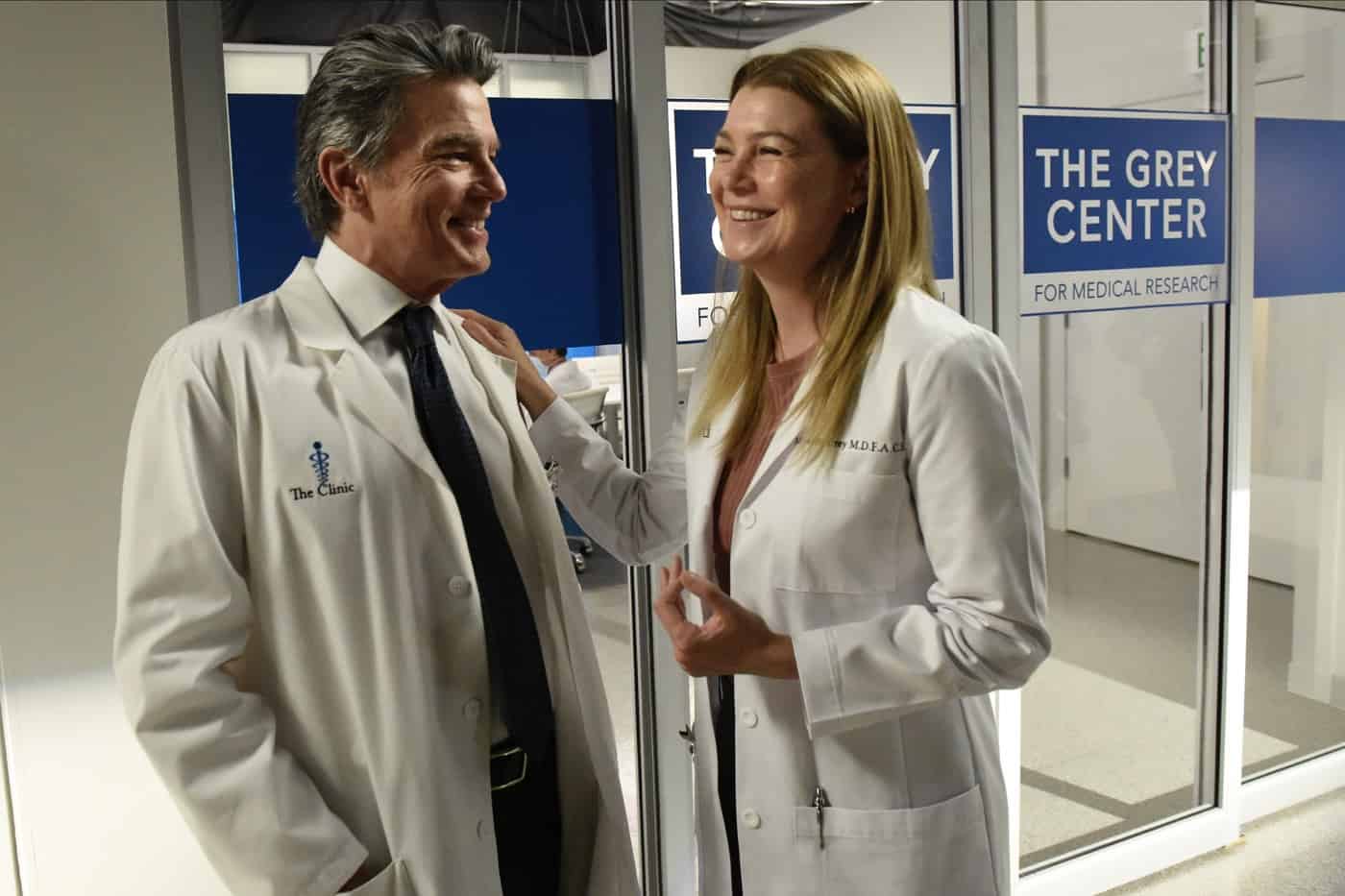 Peter Gallagher as Dr.  David Hamilton and Ellen Pompeo as Meredith Gray on Grey's Anatomy 