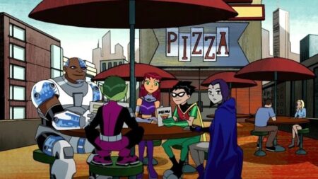 Mutano, Ciborgue, Robin, Estelar e Ravena em Os Jovens Titãs (Reprodução / Cartoon Network)