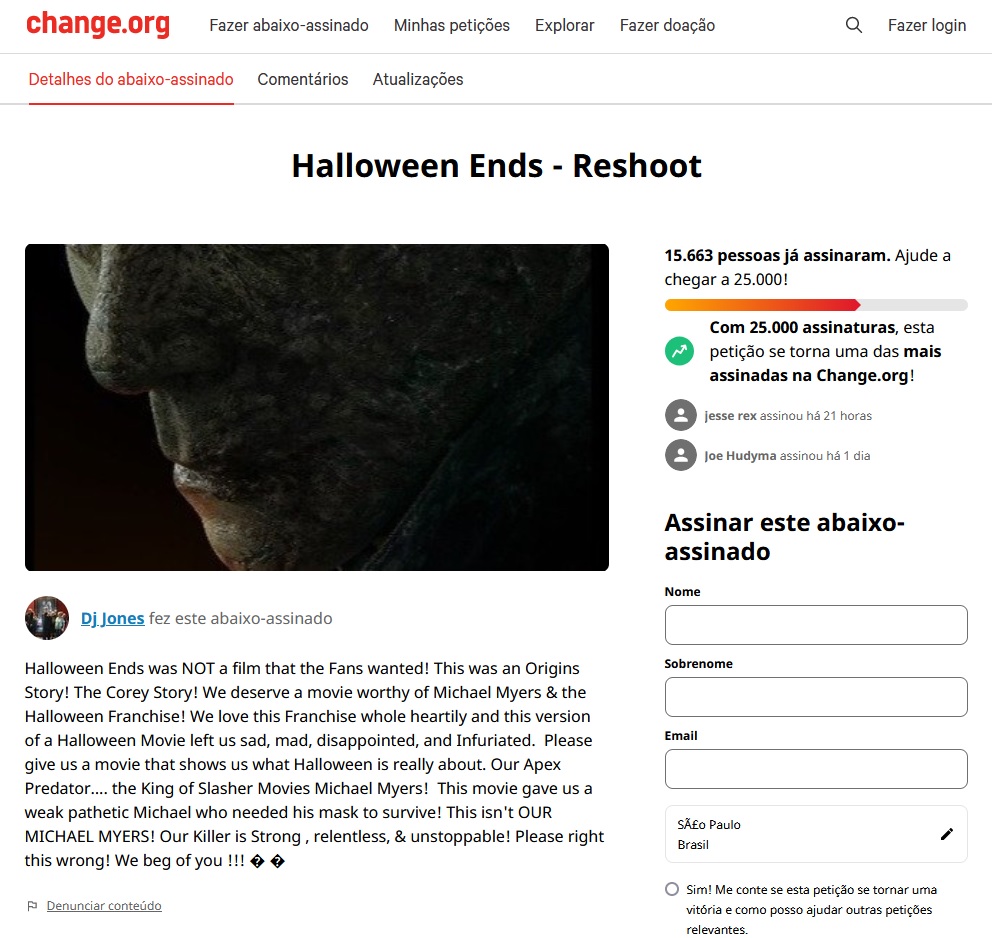 Fandons tóxicos podem provocar tragédias na vida real 2 Petição para a refilmagem de Halloween Ends no site Change.Org (Reprodução)