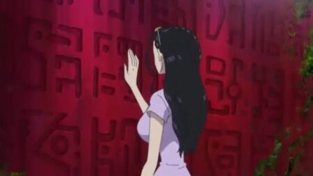 Nico Robin em frente a um Poneglyph em One Piece (Reprodução)
