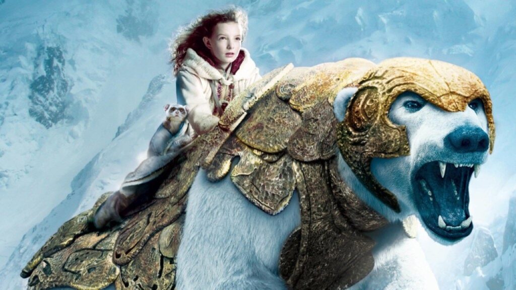 Dakota Blue Richards como Lyra e Ian McKellen como Iorek em A Bússola de Ouro