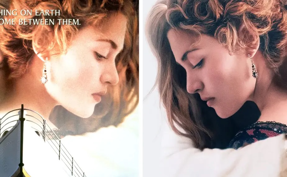 Kate Winslet como Rose no Pôster de Titanic em 1997 e em 2023 (Montagem Divulgação)
