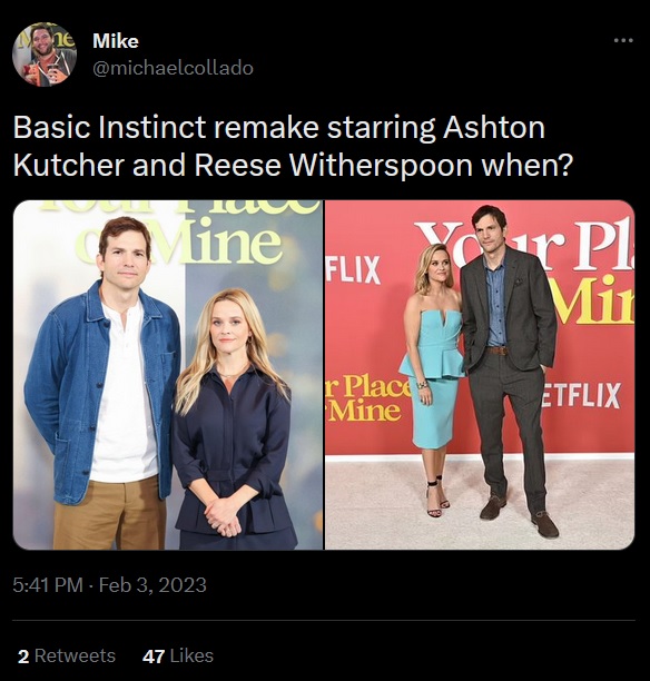 "Remake de Instinto Selvagem com Ashton Kutcher e Reese Witherspoon quando?", diz postagem tirando sarro da foto dos atores (Reprodução/Twitter)