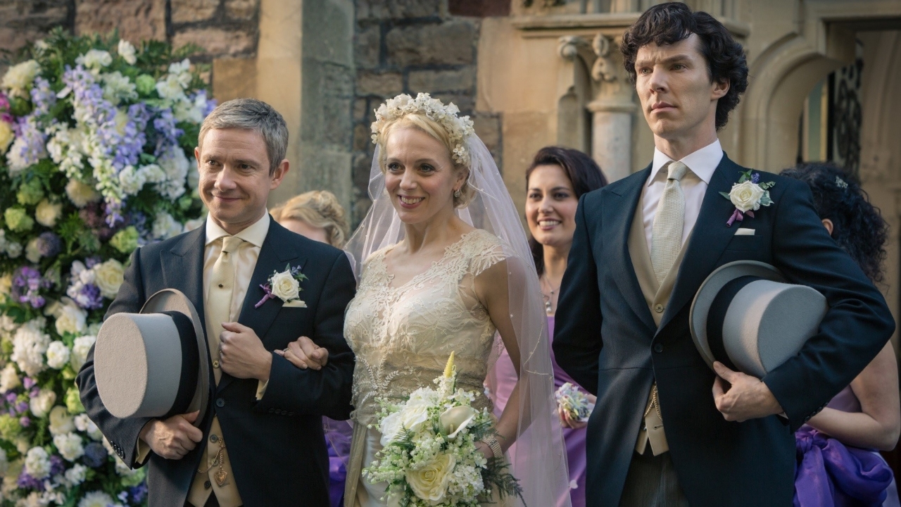 Martin Freeman, Amanda Abbington e Benedict Cumberbatch em Sherlock
