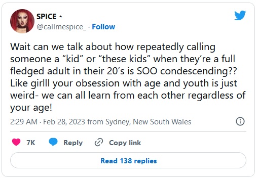 Tweet de Spice, de RuPaul's Drag Race, sobre 'obsessão' de Michelle Visage com idade (Reprodução/Twitter)