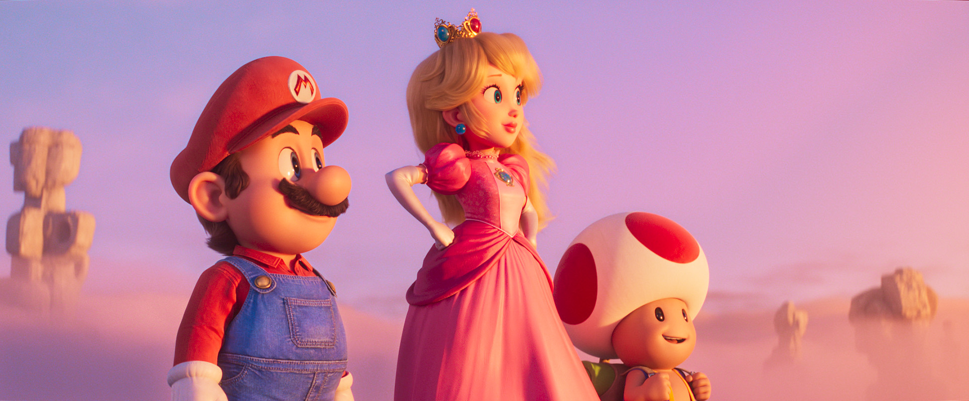 Mario, Princesa Peach e Toad em Super Mario Bros. O Filme