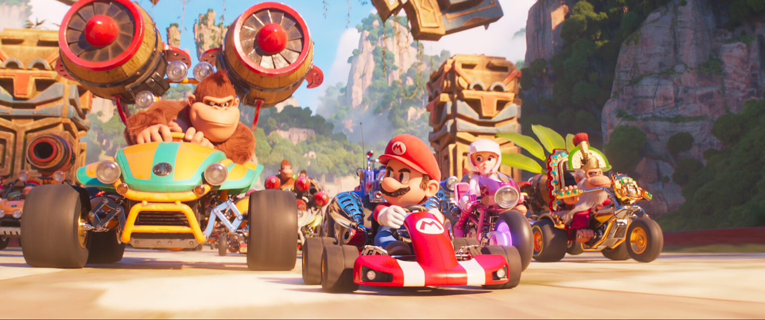 Donkey Kong, Mario, Princesa Peach e Cranky Kong em Super Mario Bros. O Filme