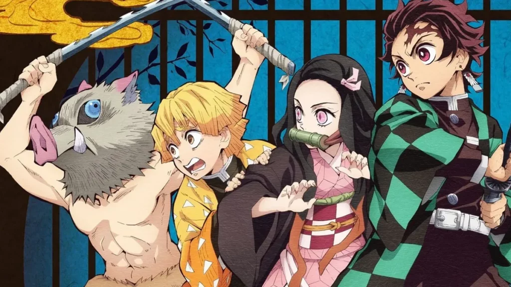 Arte com os personagens principais de Demon Slayer