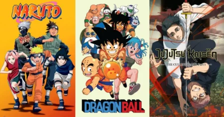 Montagem com pôsteres de Naruto, Dragon Ball e Jujutsu Kaisen, animes que ajudam a entender o que é anime e sua popularidade no Brasil.