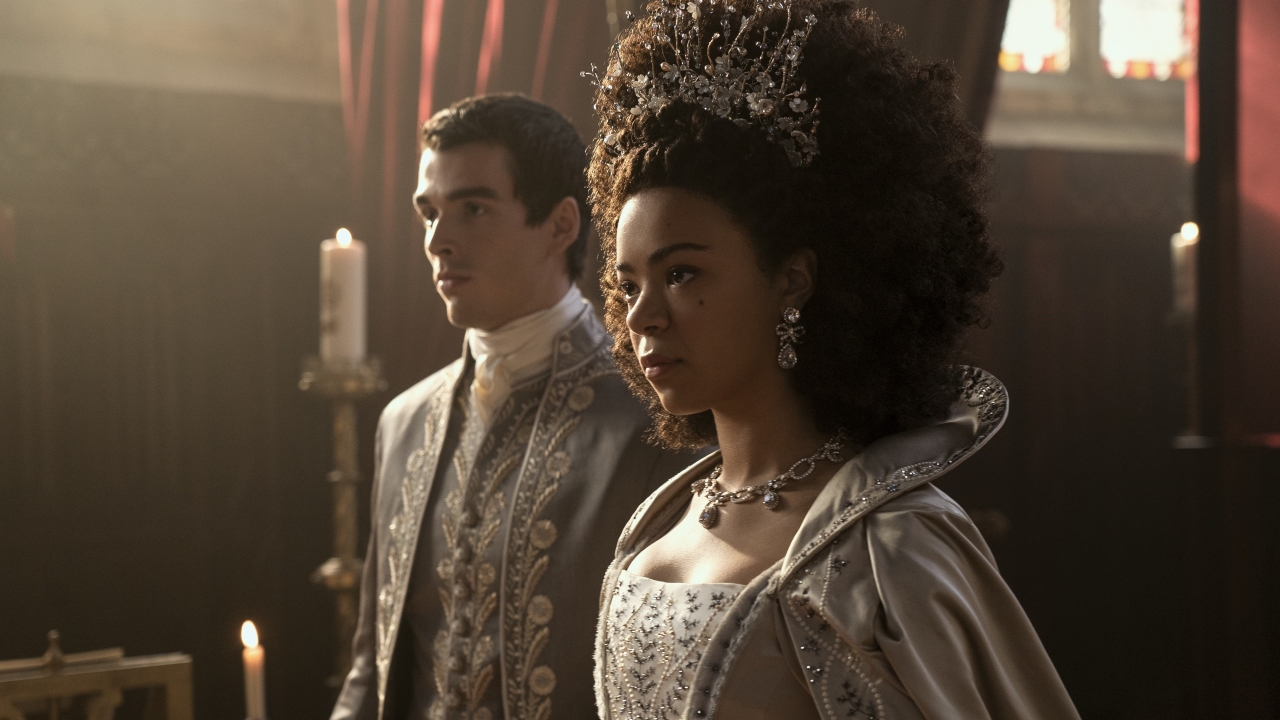 Queen Charlotte (India Amarteifio) and King George (Corey Mylchreest) in Queen Charlotte: A Bridgerton Story (Handout / Netflix)