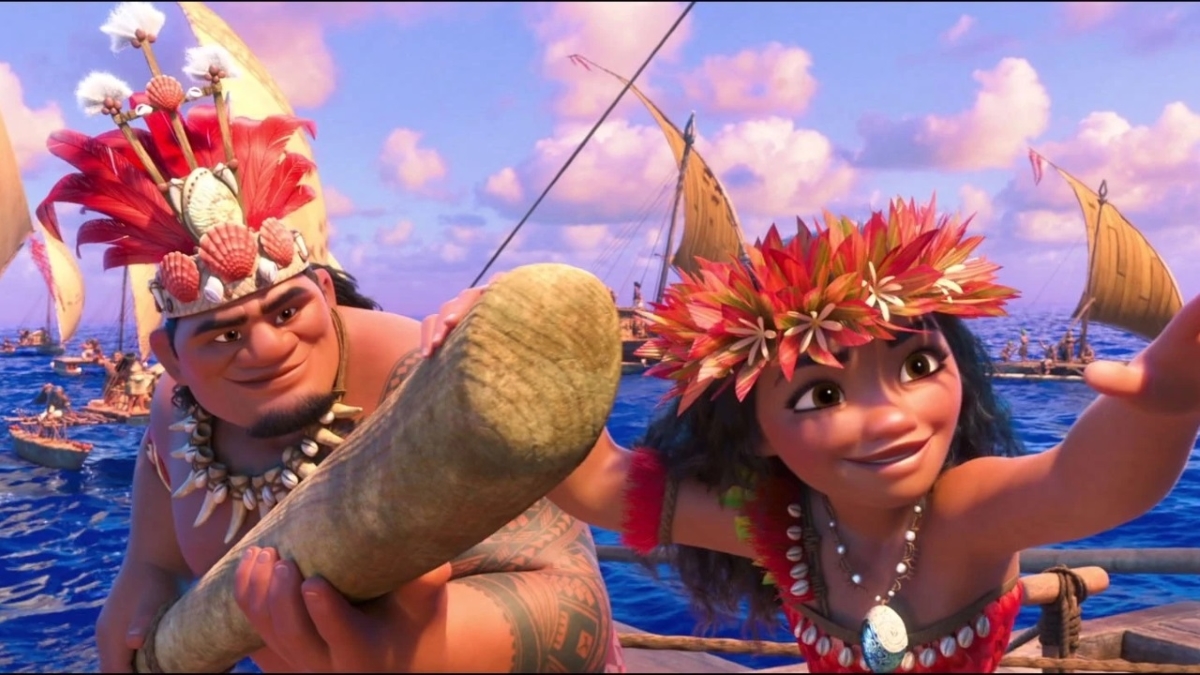 Chefe Tui e Moana em Moana: Um Mar de Aventuras (Reprodução / Disney)