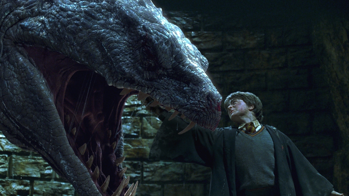 Harry Potter enfrenta o basilisco em A Câmara Secreta (Reprodução / Warner Bros.)