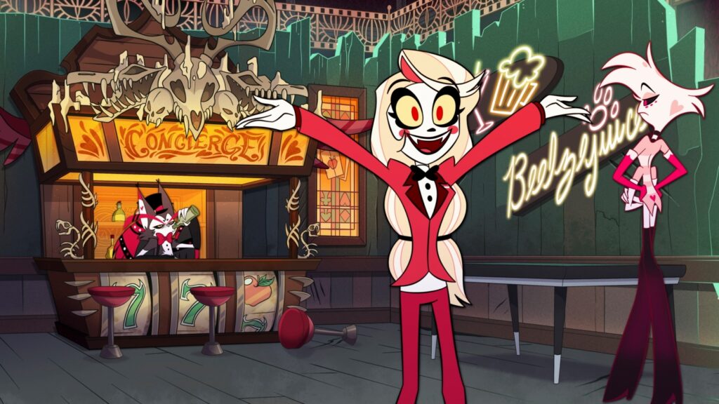 Hazbin Hotel é para crianças? Não se deixe levar pelas aparências Husk, Charlie Morningstar, Angel Dust em Hazbin Hotel (Divulgação / Prime Video)