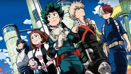 Arte com os personagens de My Hero Academia, ilustrando a lista de animes populares para se começar a assistir.