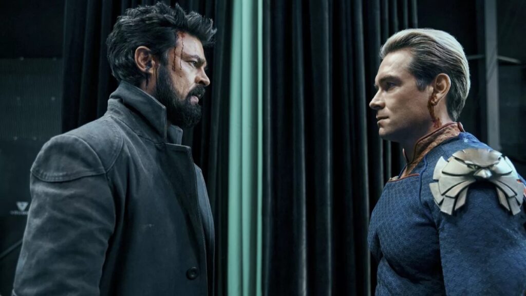 Karl Urban como Billy Bruto e Antony Starr como Capitão Pátria em The Boys (Reprodução / Prime Video)