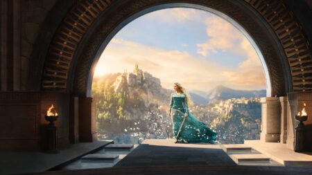 Trilha sonora da 2ª temporada de Os Anéis de Poder será lançada mundialmente Galadriel em cartaz de O Senhor dos Anéis: Os Anéis de Poder (Divulgação / Prime Video)