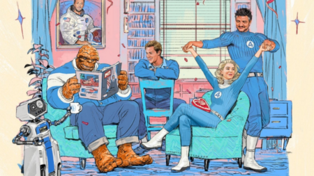 Ebon Moss-Bachrach, Pedro Pascal, Vanessa Kirby e Joseph Quinn em Quarteto Fantástico