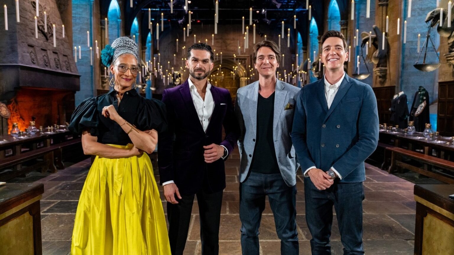 Magia na cozinha! Conheça Harry Potter: Bruxos da Confeitaria Carla Hall, Jozef Youssef, James e Oliver Phelps em Harry Potter: Bruxos da Cozinha (Reprodução / Max)