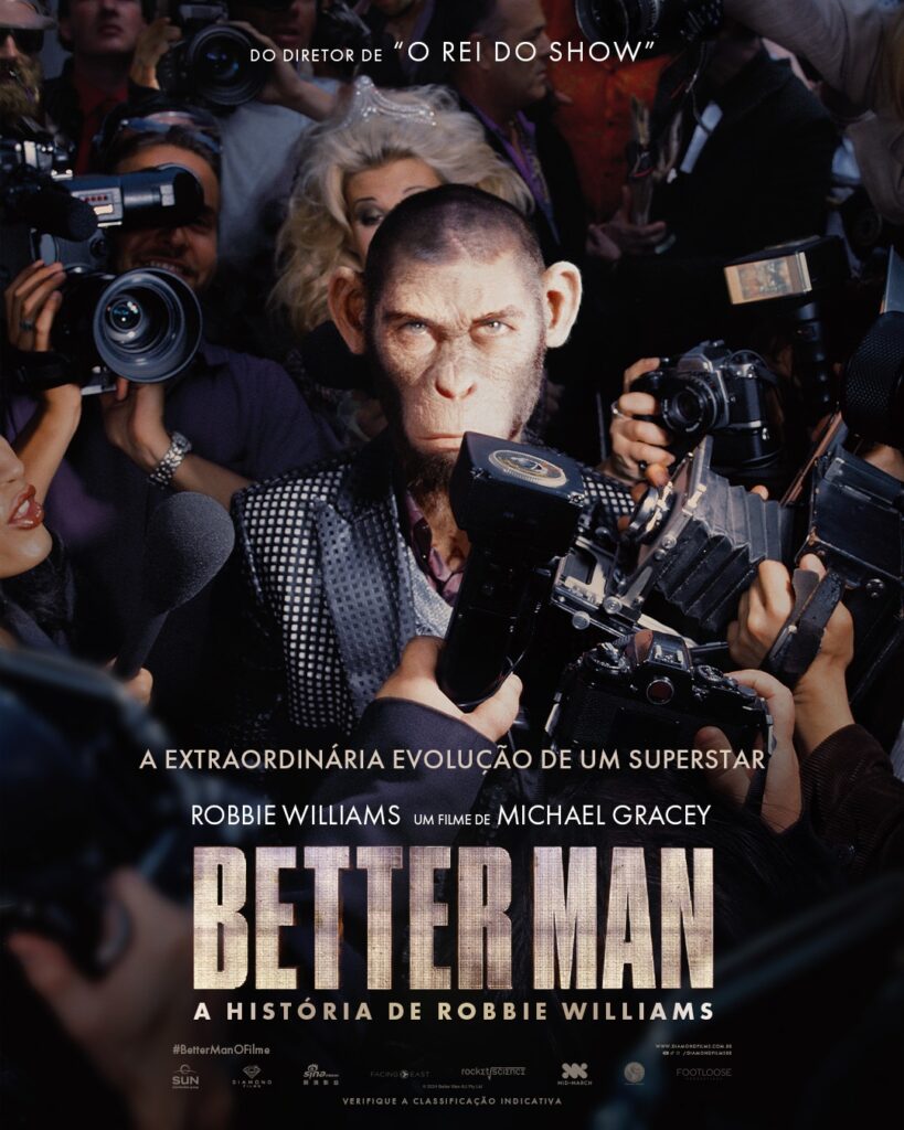 Pôster de Better Man recria de forma inusitada capa de álbum de Robbie Williams 1 Pôster de Better Man - A História de Robbie Williams (Divulgação / Diamond Films)