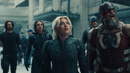 Florence Pugh como Yelena Belova e David Harbour como Guardião Vermelho em Thunderbolts* (Reprodução / Marvel)