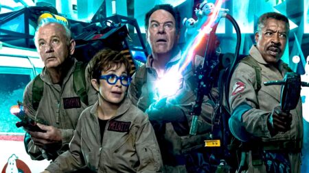 Dan Aykroyd, Bill Murray, Ernie Hudson, e Annie Potts em Ghostbusters: Apocalipse de Gelo (Divulgação / Sony)