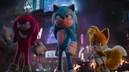 Sonic (Ben Schwartz), Knuckles (Idris Elba), e Tails (Colleen O'Shaughnessey) em Sonic 3: O Filme (Reprodução / Paramount)