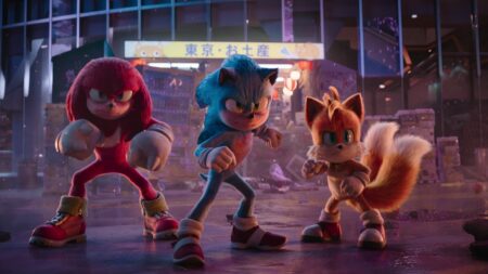 Sonic (Ben Schwartz), Tails (Colleen O'Shaughnessey) e Knuckles (Idris Elba) em Sonic 3 - O Filme (Reprodução / Paramount)