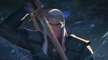 Geralt de Rivia (Doug Cockle) em The Witcher: Sereias das Profundezas (Divulgação / Netflix)