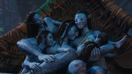 Sam Worthington como Jake e Zoe Saldaña como Neytiri em Avatar: O Caminho da Água (Reprodução)