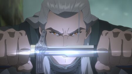 Geralt de Rivia (Doug Cockle) em The Witcher: Sereias das Profundezas (Reprodução / Netflix)